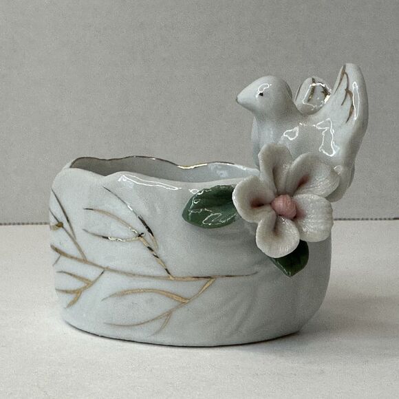 Vintage Doves Flower Planter Trinket Ring Box White w/Gold Trim Pink Floral RARE - Picture 13 of 13